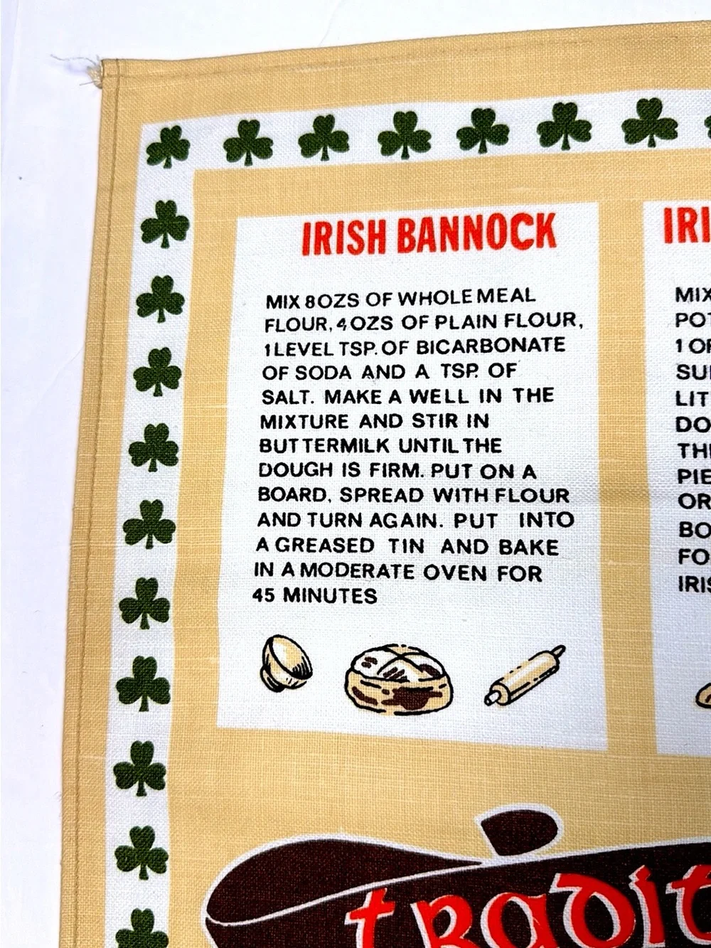 Vintage Pure Irish Cotton Linen Kitchen Tea Towel Traditional Irish Recipes